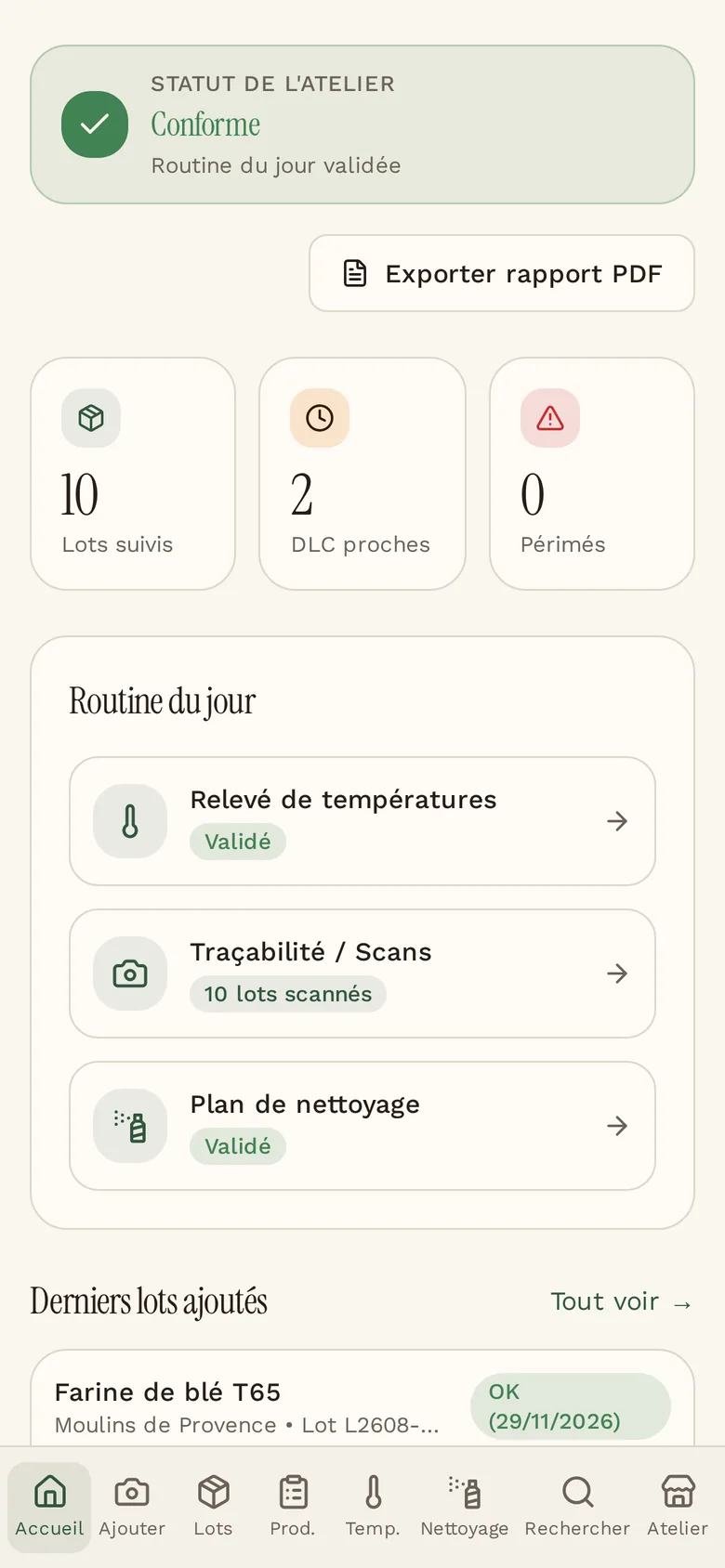 Tableau de bord HACCP Easy sur mobile : statut de l'atelier conforme, compteurs de lots et routine du jour