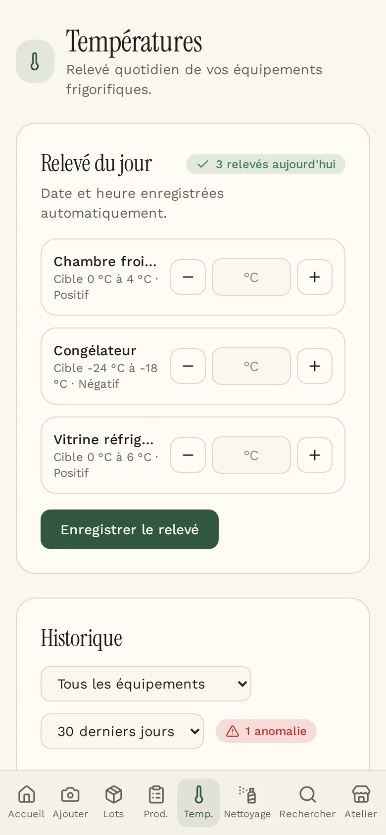 Relevé quotidien des températures des équipements frigorifiques avec historique et anomalies
